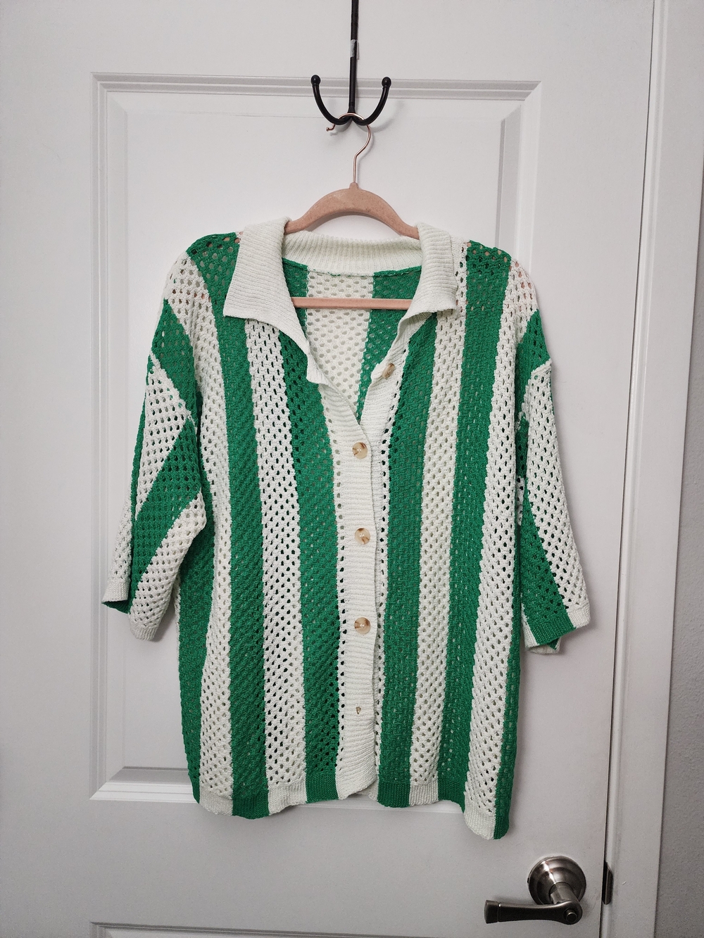 SHEIN Green and White Striped Open-Knit Button-Up Cardigan
